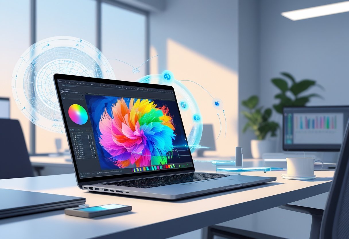 A modern workspace with a laptop showing colorful digital artwork and holographic AI graphics around it.