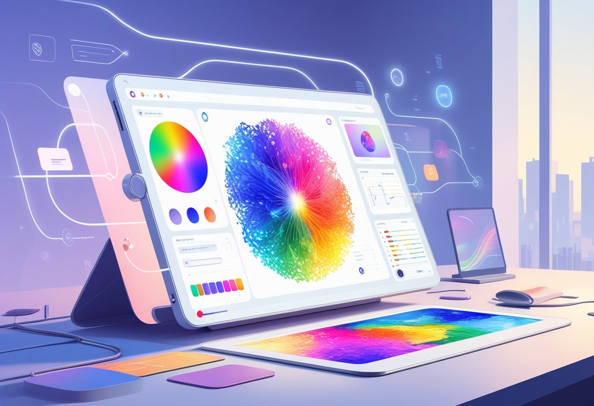 A modern digital device showing a colorful artwork being digitally colored, surrounded by abstract glowing lines and AI motifs symbolizing artificial intelligence.