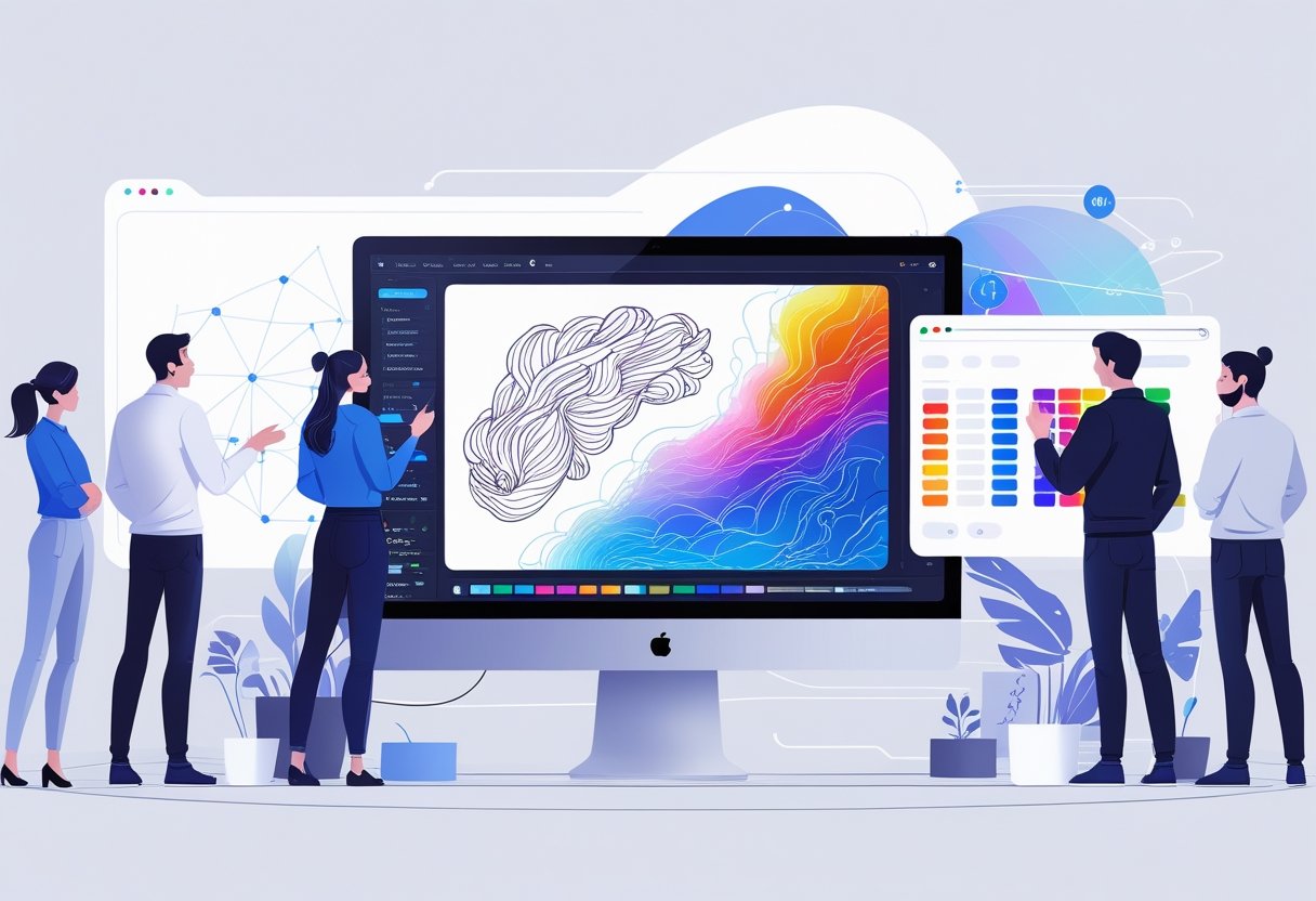 A digital workspace showing a computer screen with a line drawing being colored by AI, with people observing and interacting around it.