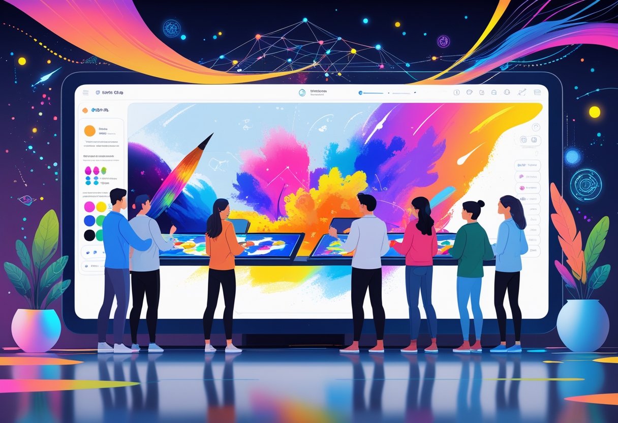 People interacting with a large digital touchscreen creating colorful artwork surrounded by abstract symbols of creativity and technology in a modern workspace.