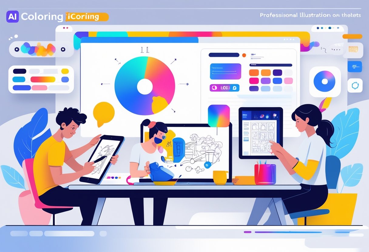 A group of people using digital devices to create colorful artwork in a bright, modern workspace.