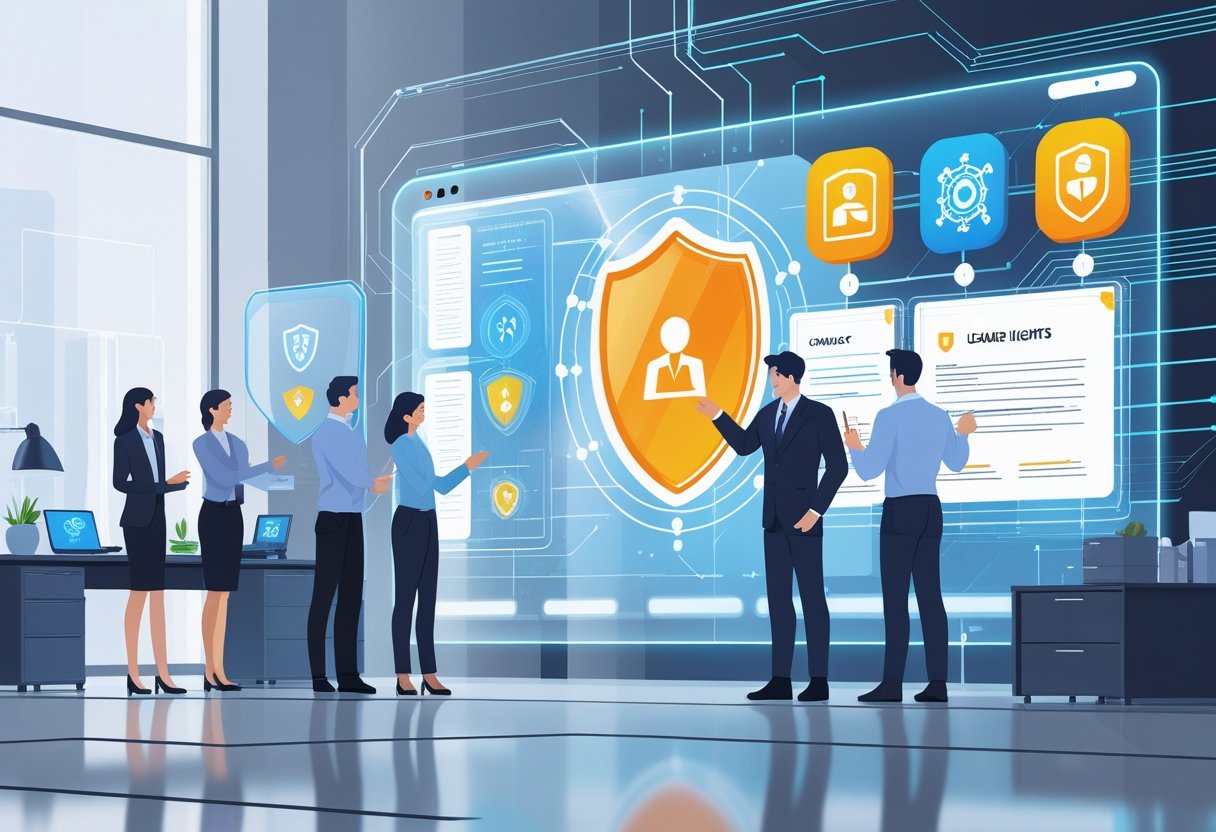 A group of professionals collaborating around a digital screen showing symbols of safety, legal documents, and AI technology in a modern office.